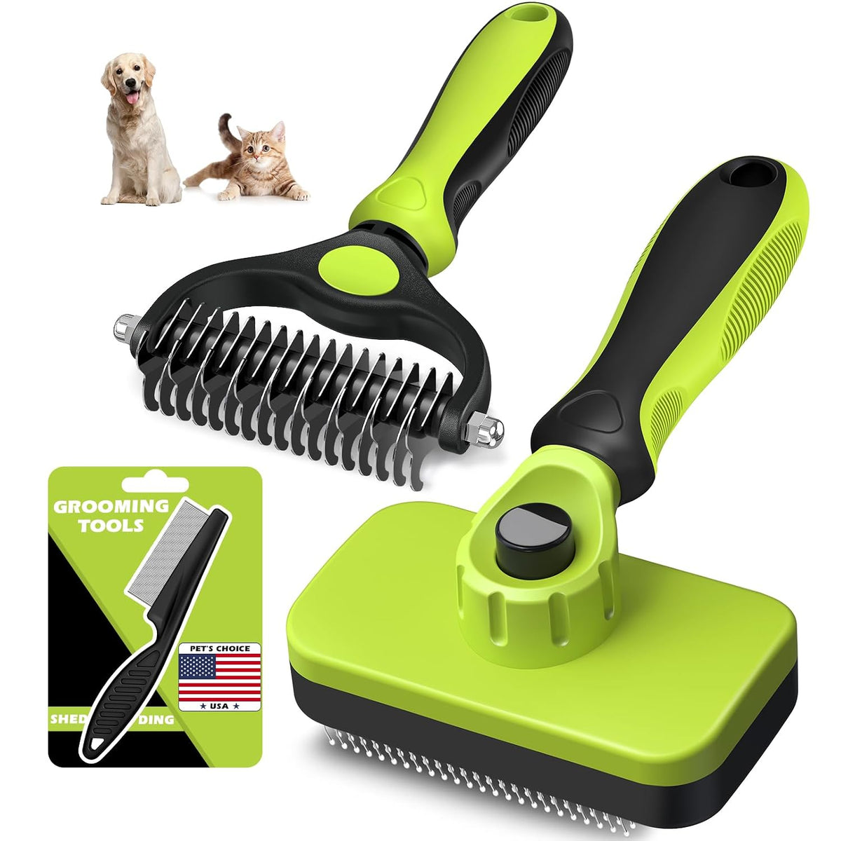 POUPIPETS Pet Grooming Kit – Self-Cleaning Slicker Brush, Deshedding Rake & Flea Comb