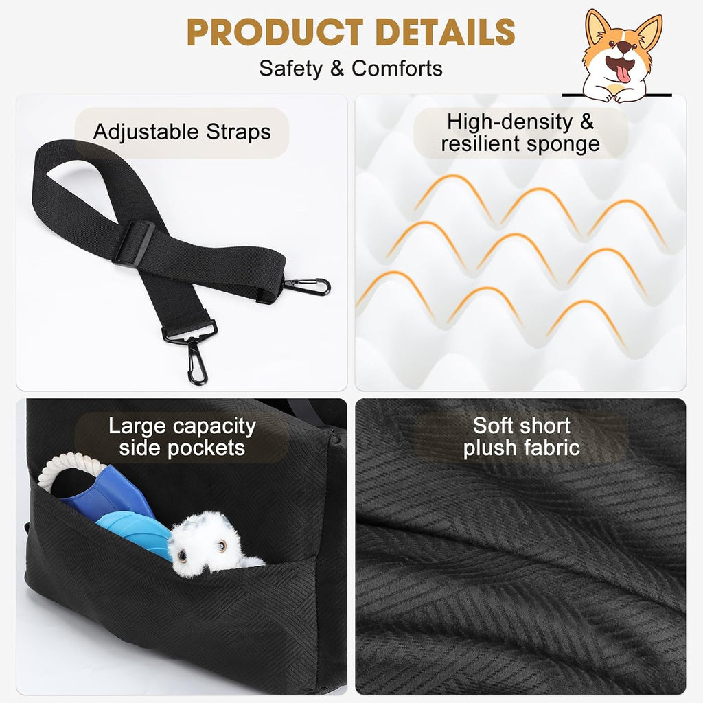 Poupipets Elevated Dog Booster Car Seat with Memory Foam Washable Cover and Safety Strap