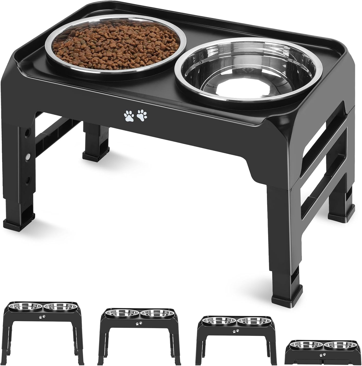 Poupipets Adjustable Elevated Dog Bowl Stand with Dual Stainless Steel Bowls for Small to Large Dogs