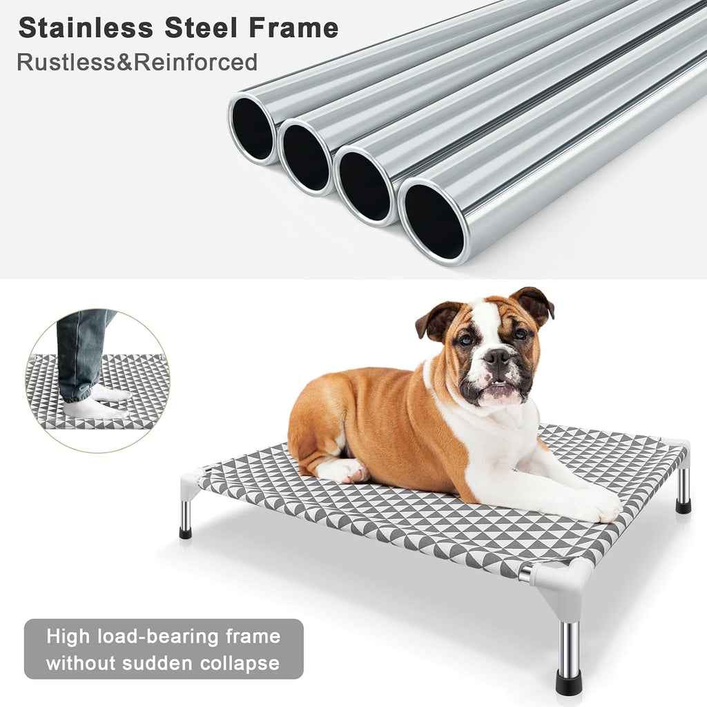Poupipets Reversible Cotton Elevated Dog Bed with Stainless Steel Support Frame