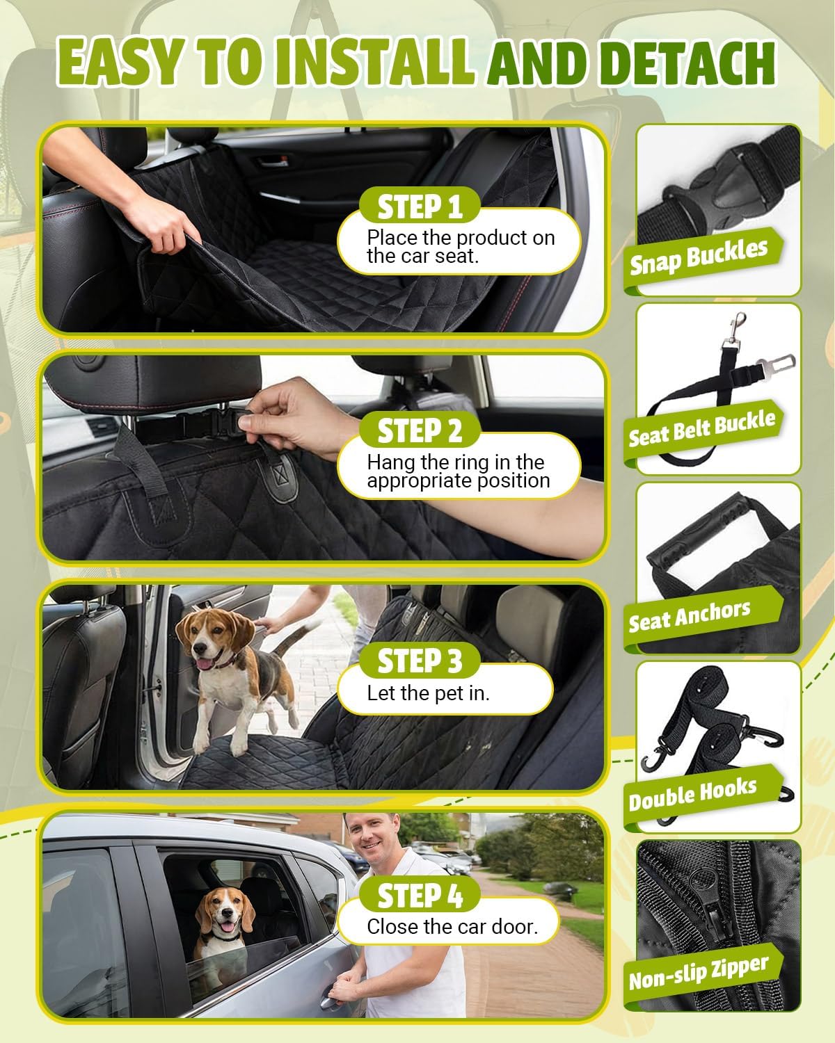 Poupipets Waterproof Dog Car Seat Cover with Mesh Window and Non-Slip Hammock Design