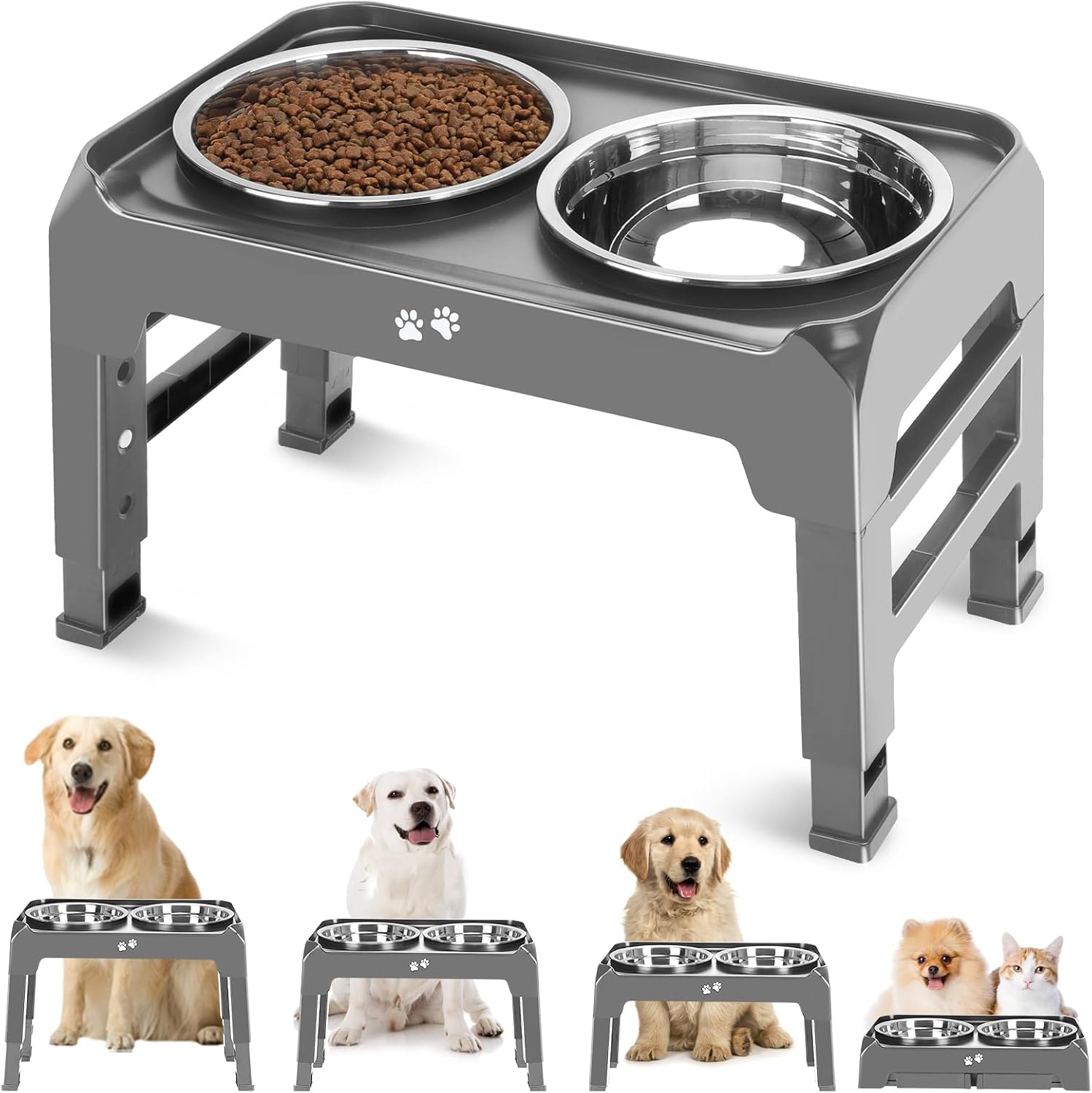 Poupipets Adjustable Elevated Dog Bowl Stand with Dual Stainless Steel Bowls for Small to Large Dogs