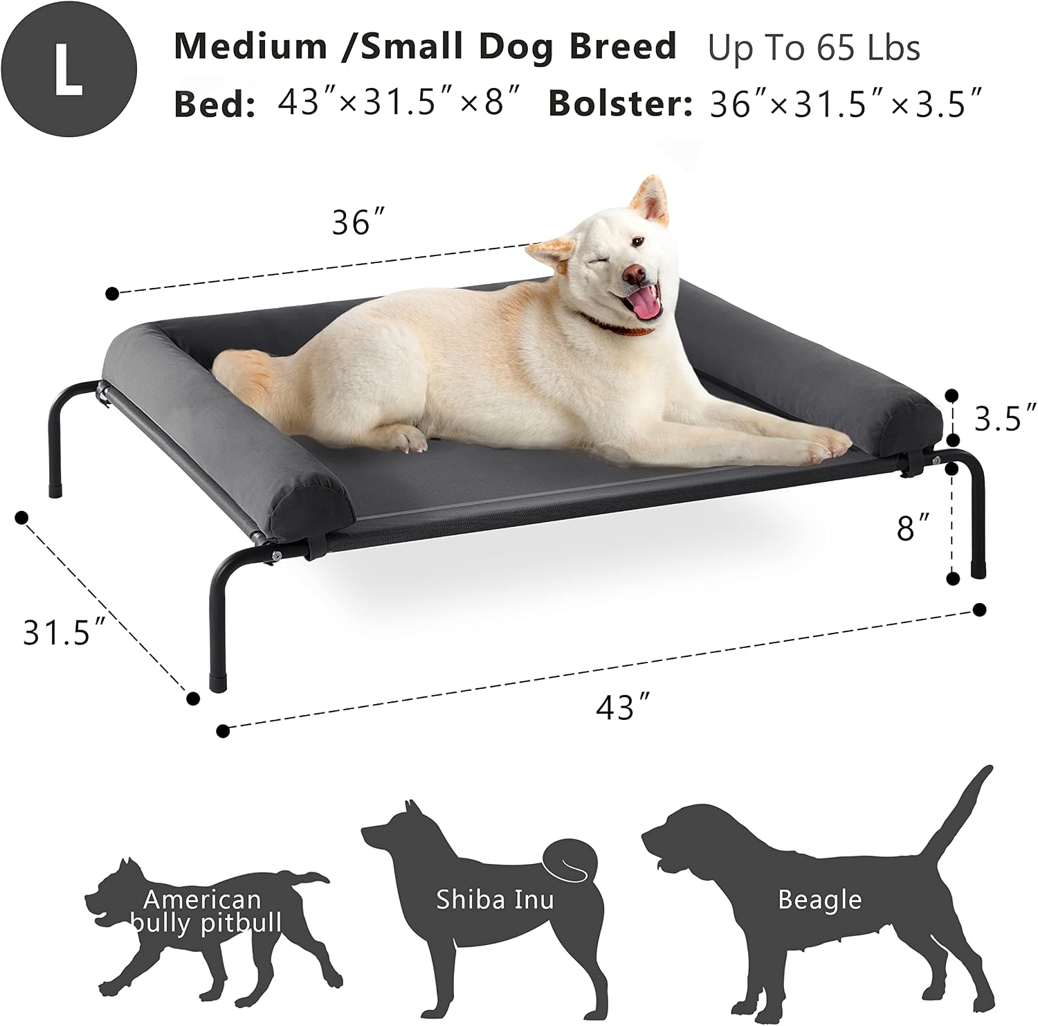 Poupipets Elevated Dog Bed with Breathable Mesh and Removable Padded Bolsters