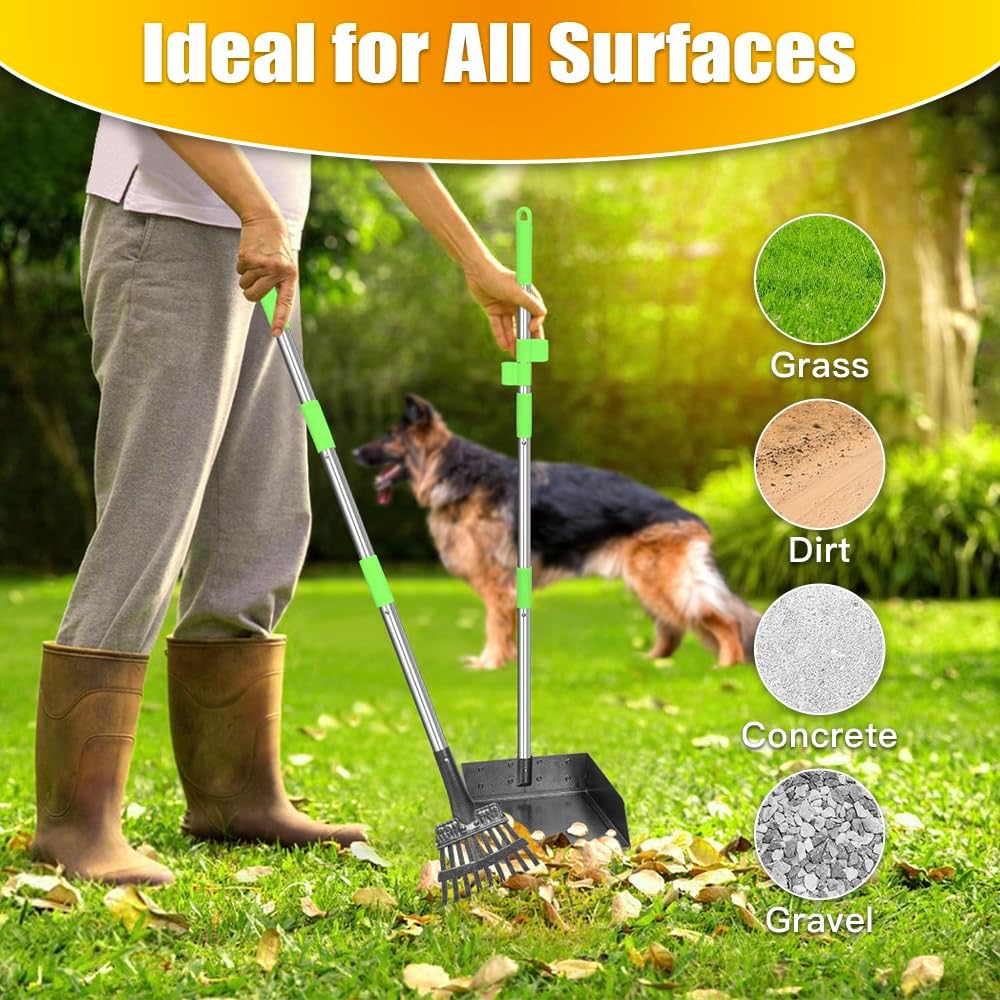 Poupipets Heavy-Duty Metal Dog Pooper Scooper Set with Extra-Large Tray, Long Handles & Yard Cleaning Tools