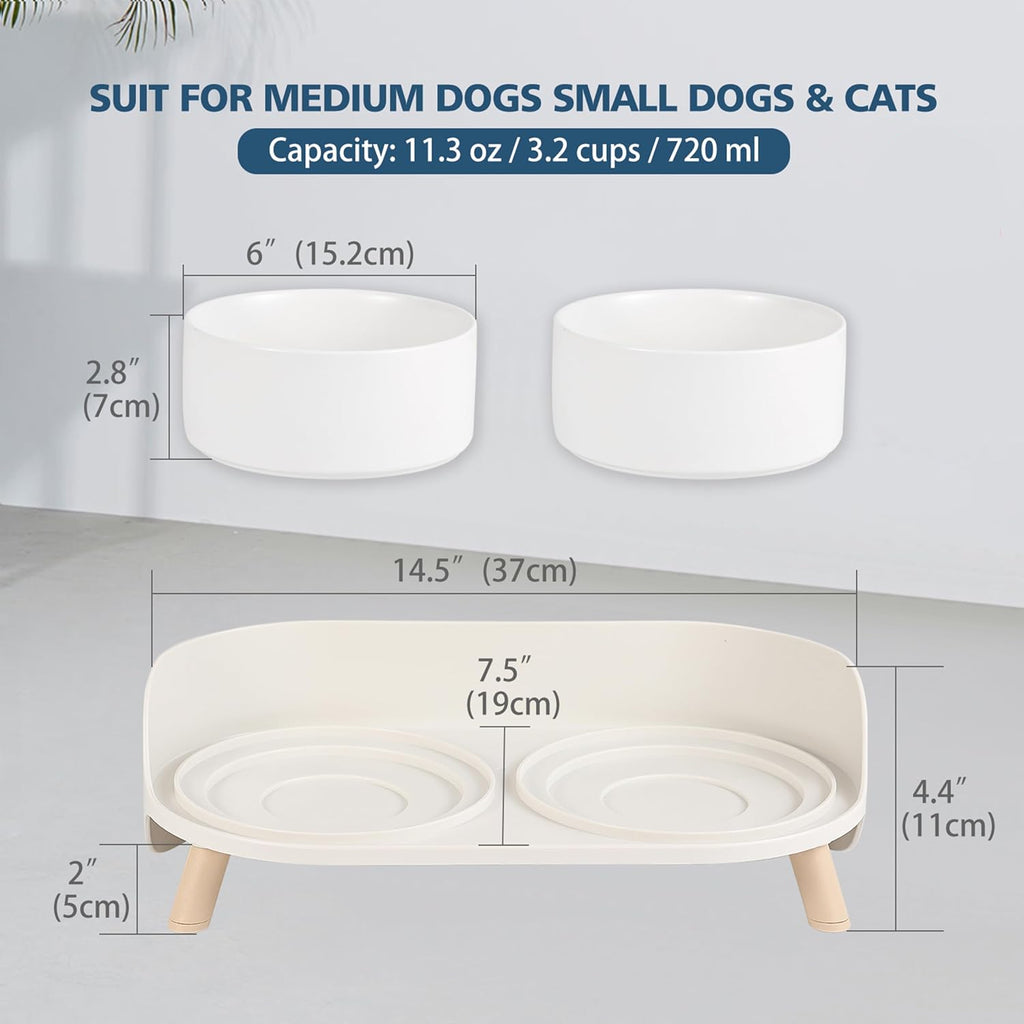 Poupipets Ceramic Raised Dog Bowl Stand with Dual Feeding Bowls and Splash Guard