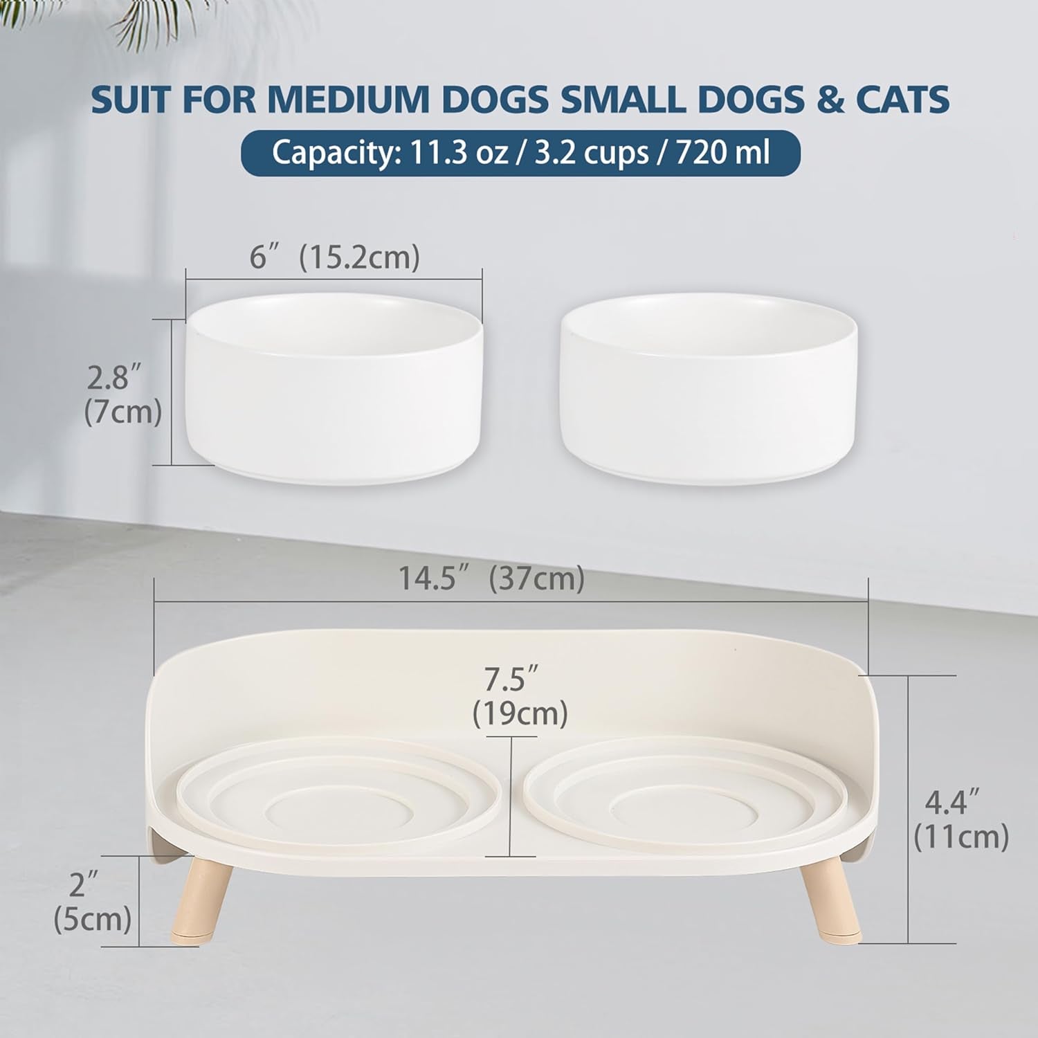 Poupipets Ceramic Raised Dog Bowl Stand with Dual Feeding Bowls and Splash Guard