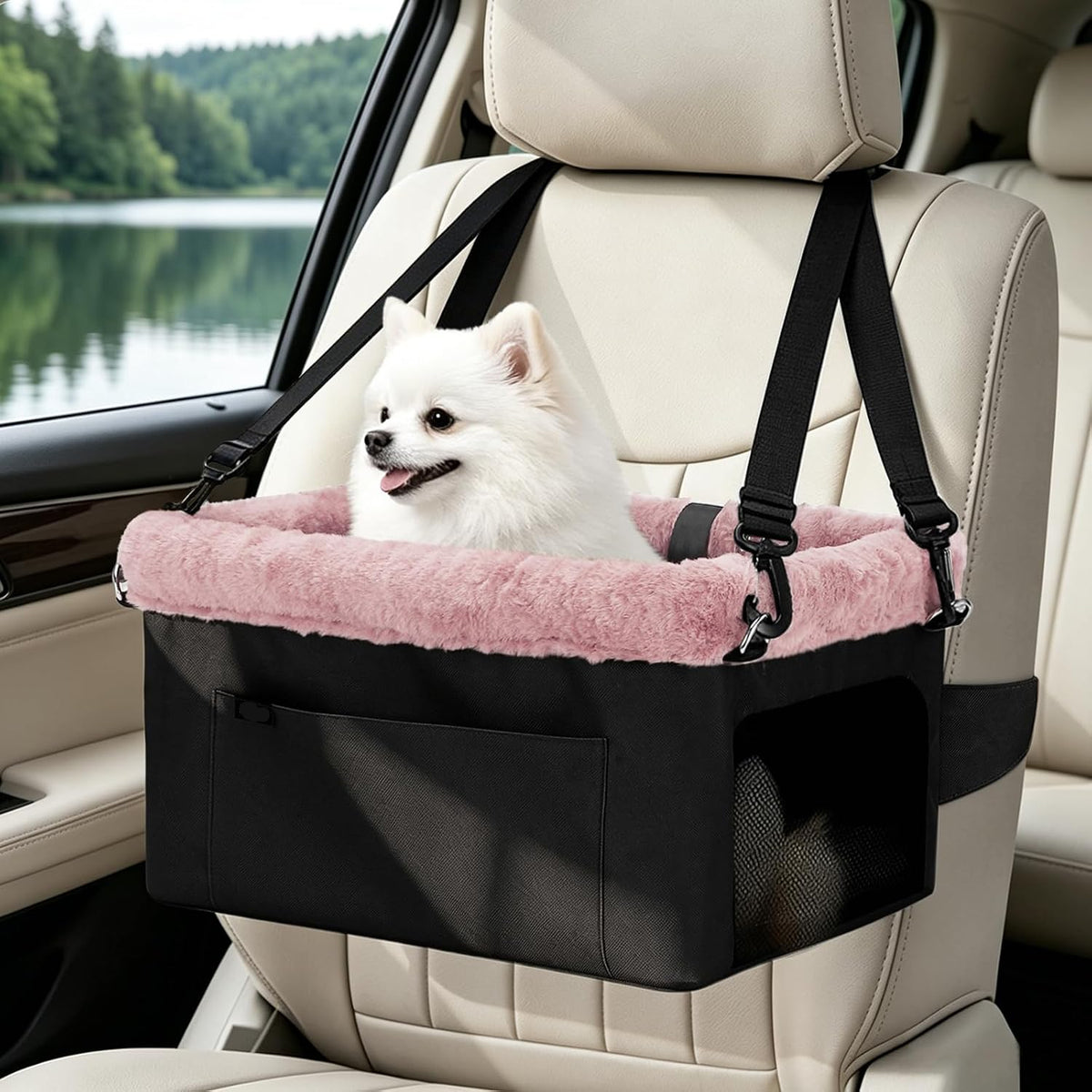 Poupipets Elevated Dog Travel Seat with Sturdy Frame and Comfortable Plush Interior