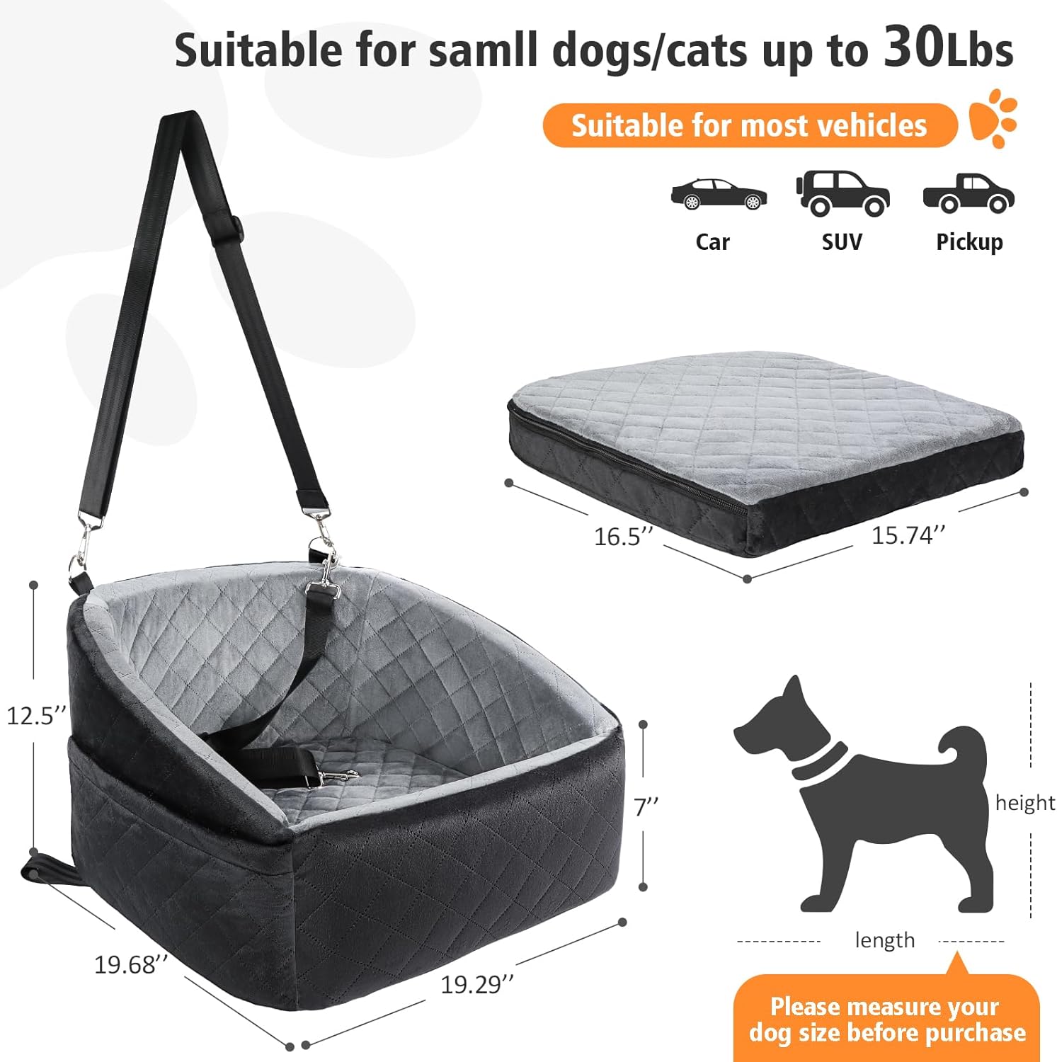 Poupipets Quilted Dog Booster Car Seat with Washable Cover and Safety Tether