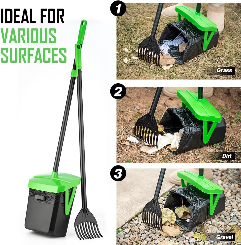 Poupipets Long Handle Dog Waste Scooper with Swivel Bin & 100 Bag Set