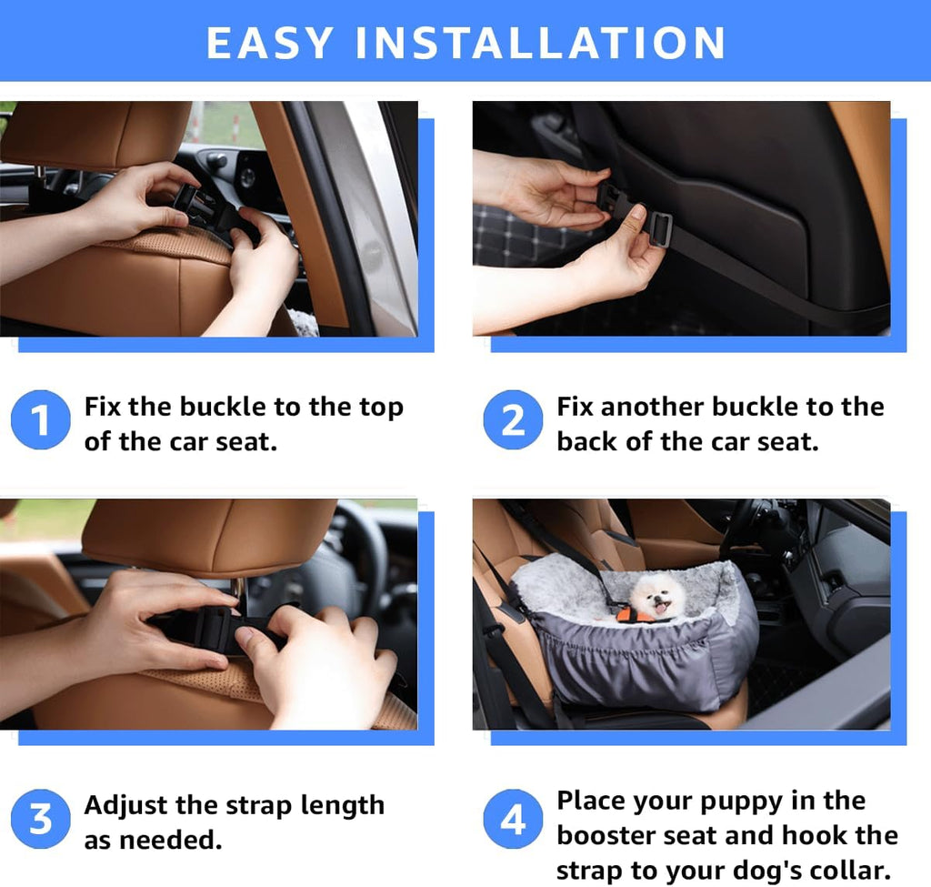 Poupipets Plush Dog Booster Car Seat with Memory Foam and Washable Travel Bed
