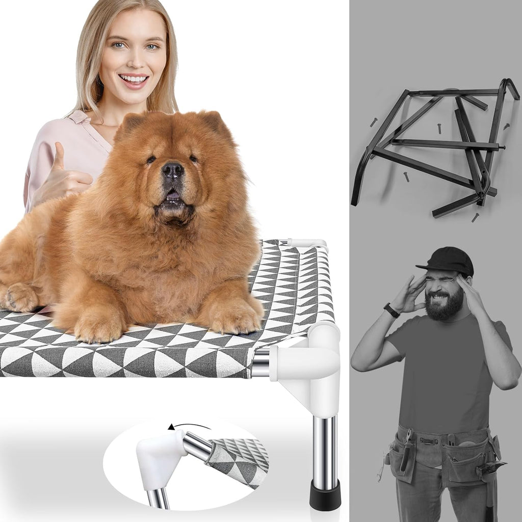 Poupipets Reversible Cotton Elevated Dog Bed with Stainless Steel Support Frame