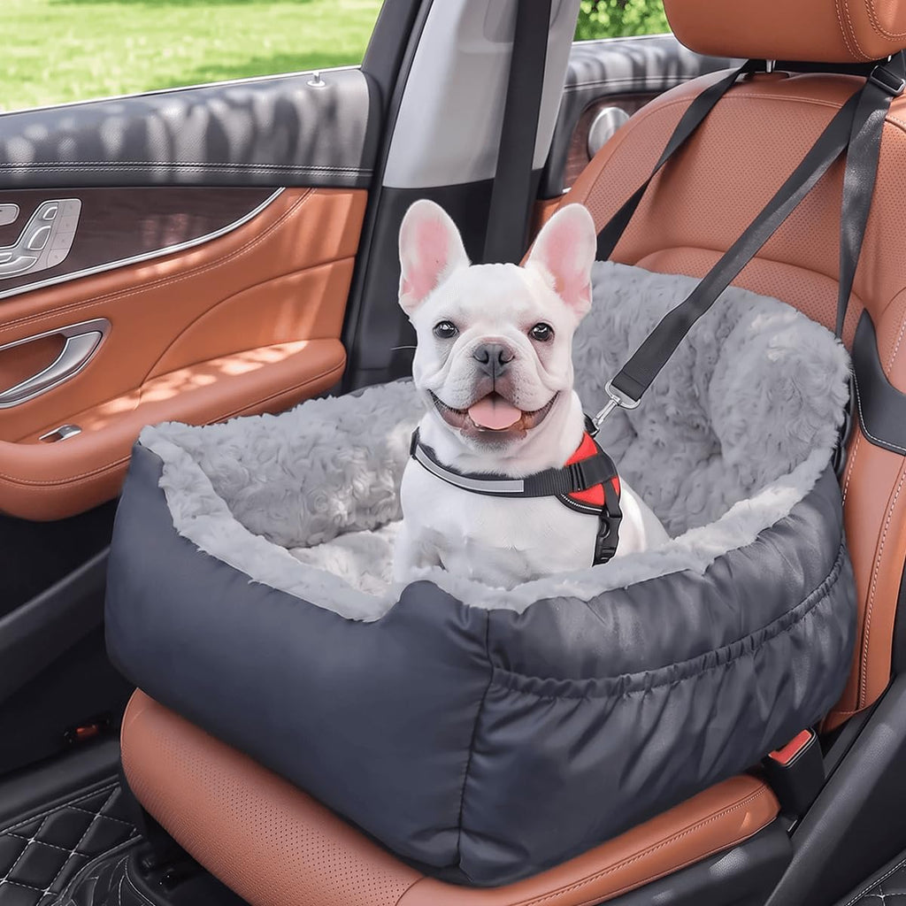 Poupipets Plush Dog Booster Car Seat with Memory Foam and Washable Travel Bed