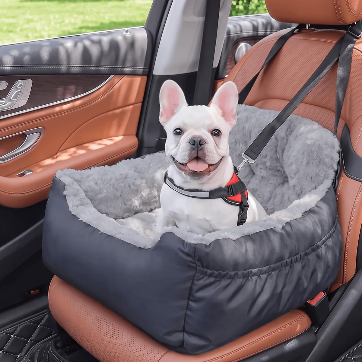 Poupipets Plush Dog Booster Car Seat with Memory Foam and Washable Travel Bed