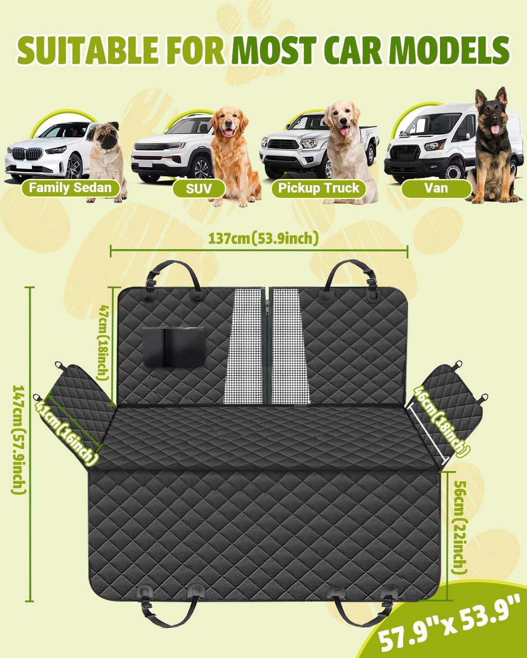 Poupipets Waterproof Dog Car Seat Cover with Mesh Window and Non-Slip Hammock Design