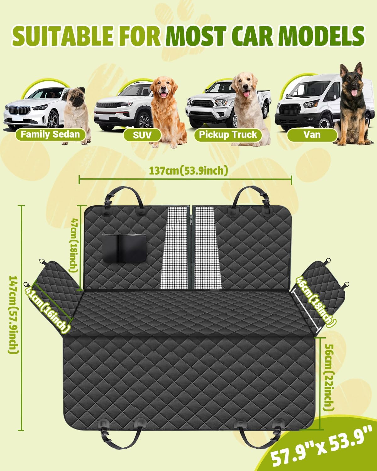 Poupipets Waterproof Dog Car Seat Cover with Mesh Window and Non-Slip Hammock Design