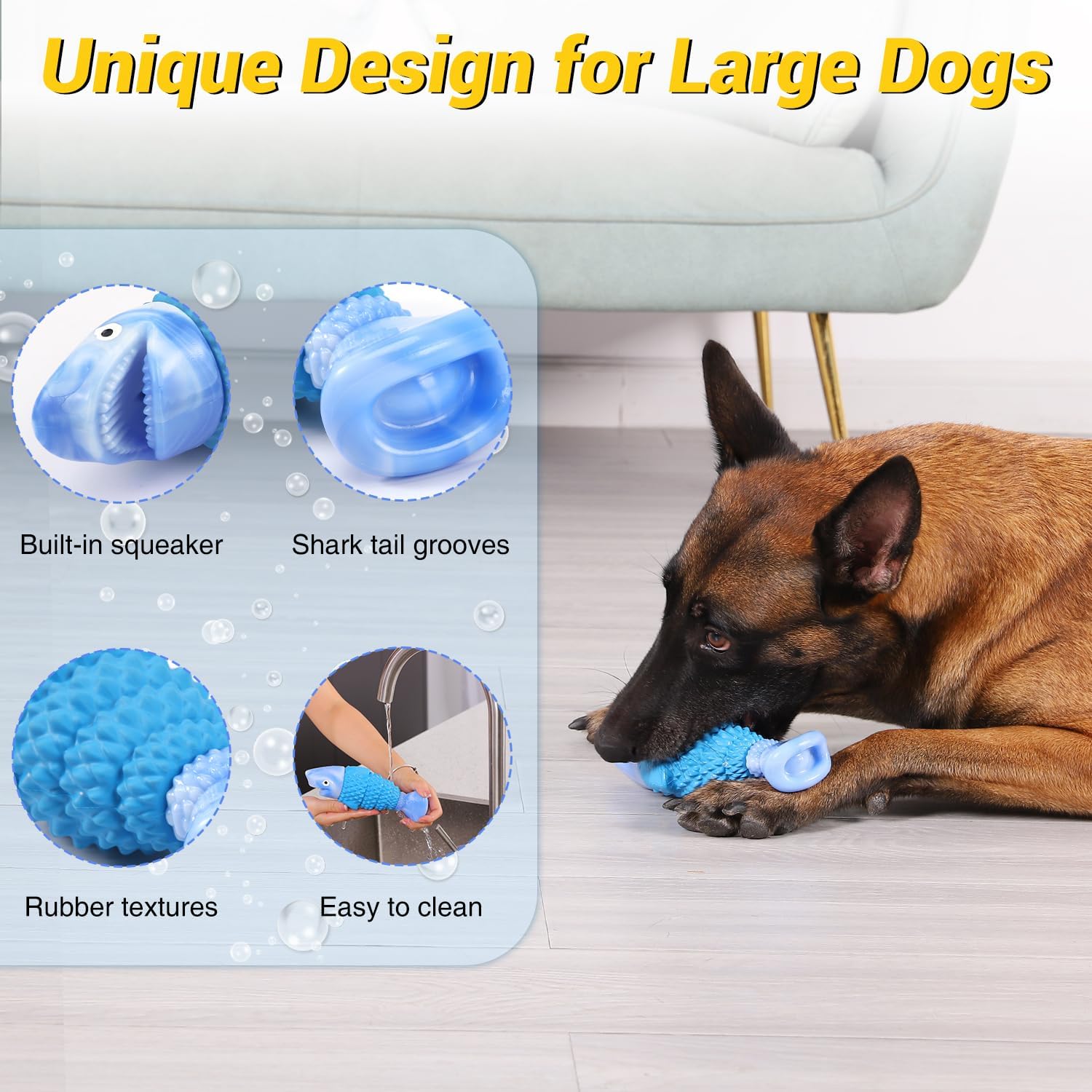 Dailypets Durable Shark Dog Chew Toy with Squeaker for Strong Chewers Bacon Flavor