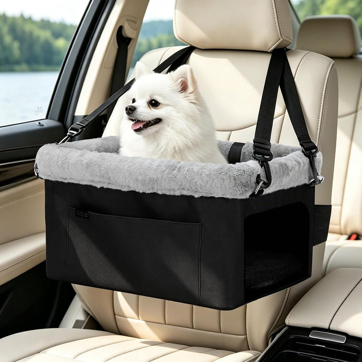 Poupipets Elevated Dog Travel Seat with Sturdy Frame and Comfortable Plush Interior