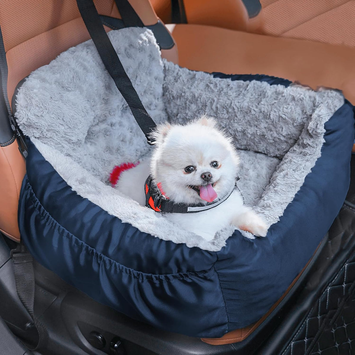 Poupipets Plush Dog Booster Car Seat with Memory Foam and Washable Travel Bed