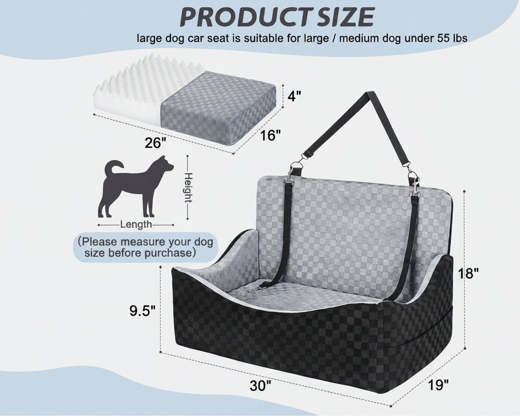 Poupipets Premium Large Dog Car Seat with Reversible Cushion and Storage Pockets