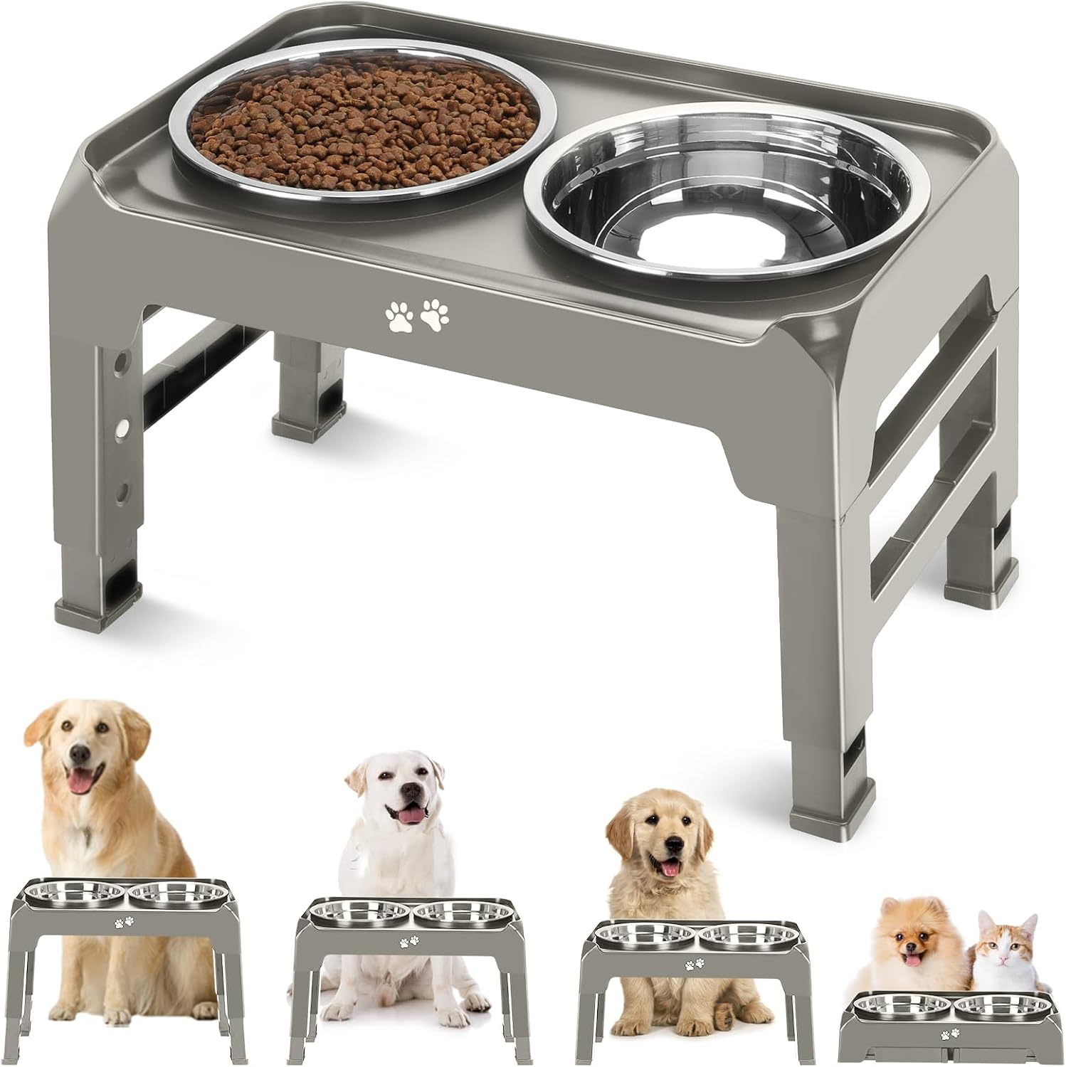 Poupipets Adjustable Elevated Dog Bowl Stand with Dual Stainless Steel Bowls for Small to Large Dogs