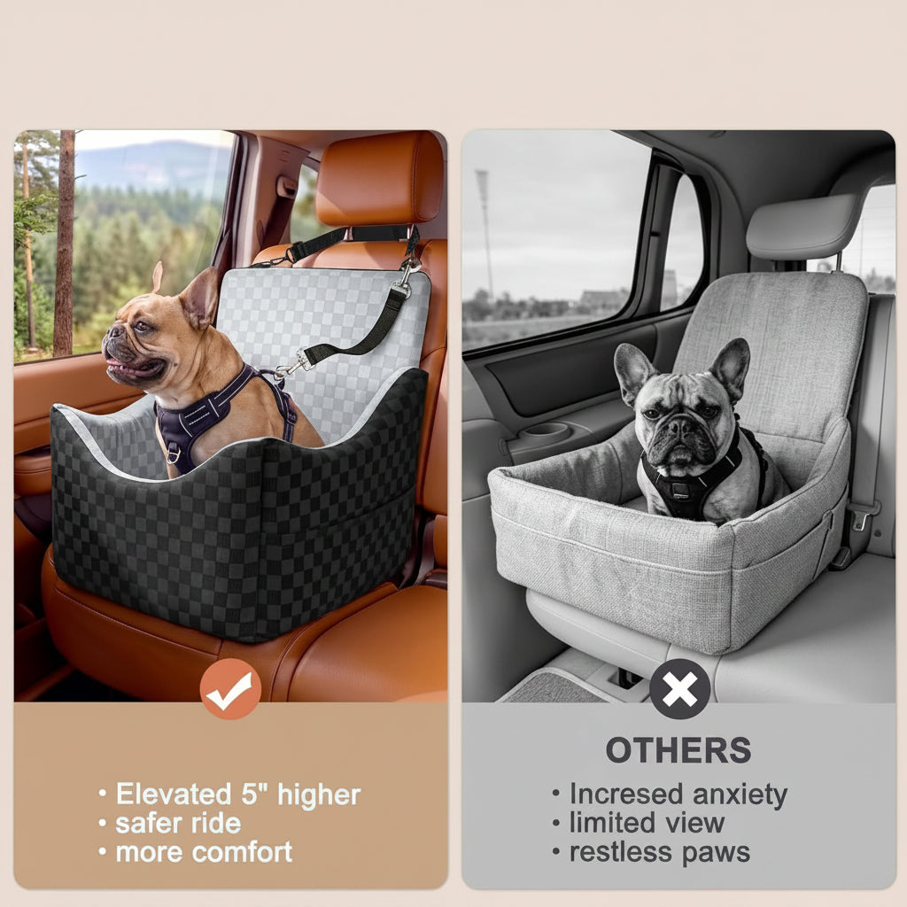 Poupipets Elevated Memory Foam Dog Car Seat with Washable Cover and Safety Tether for Travel