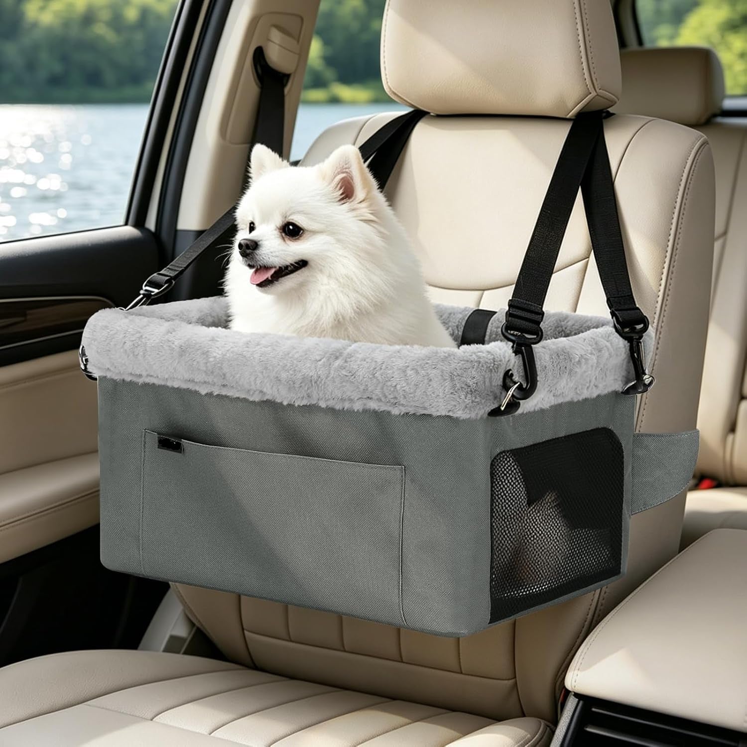 Poupipets Elevated Dog Travel Seat with Sturdy Frame and Comfortable Plush Interior