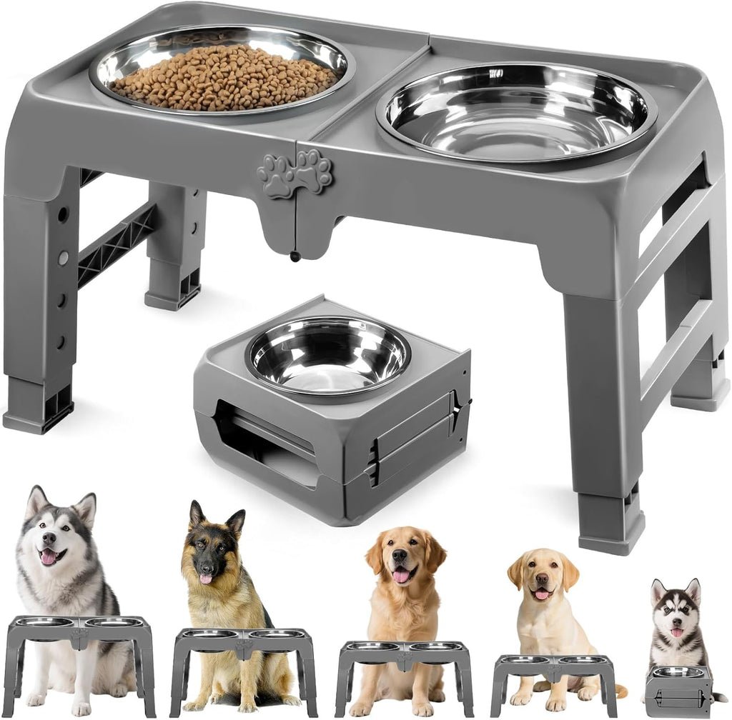 Poupipets Adjustable Elevated Dog Bowl Stand with Dual Stainless Steel Bowls for Small to Large Dogs