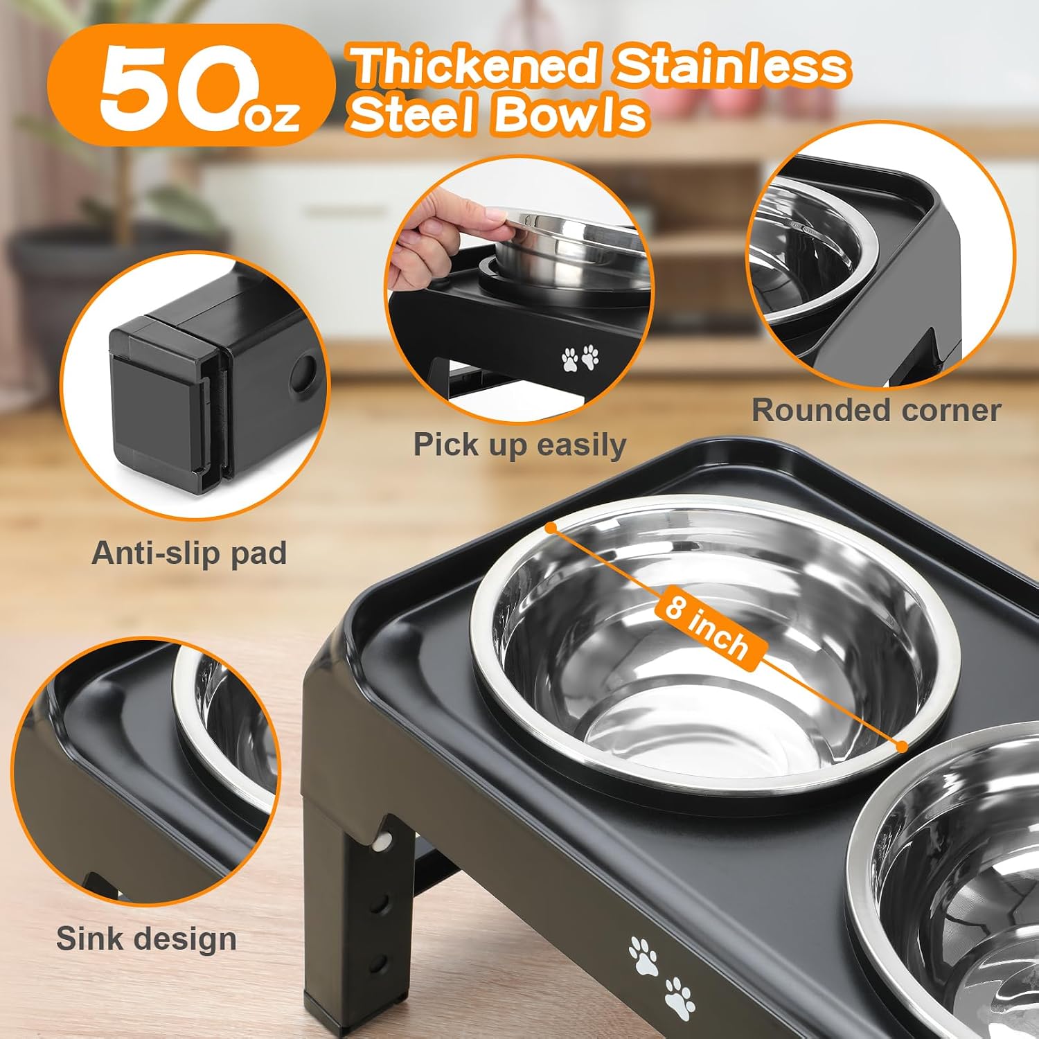 Poupipets Adjustable Elevated Dog Bowl Stand with Dual Stainless Steel Bowls for Small to Large Dogs