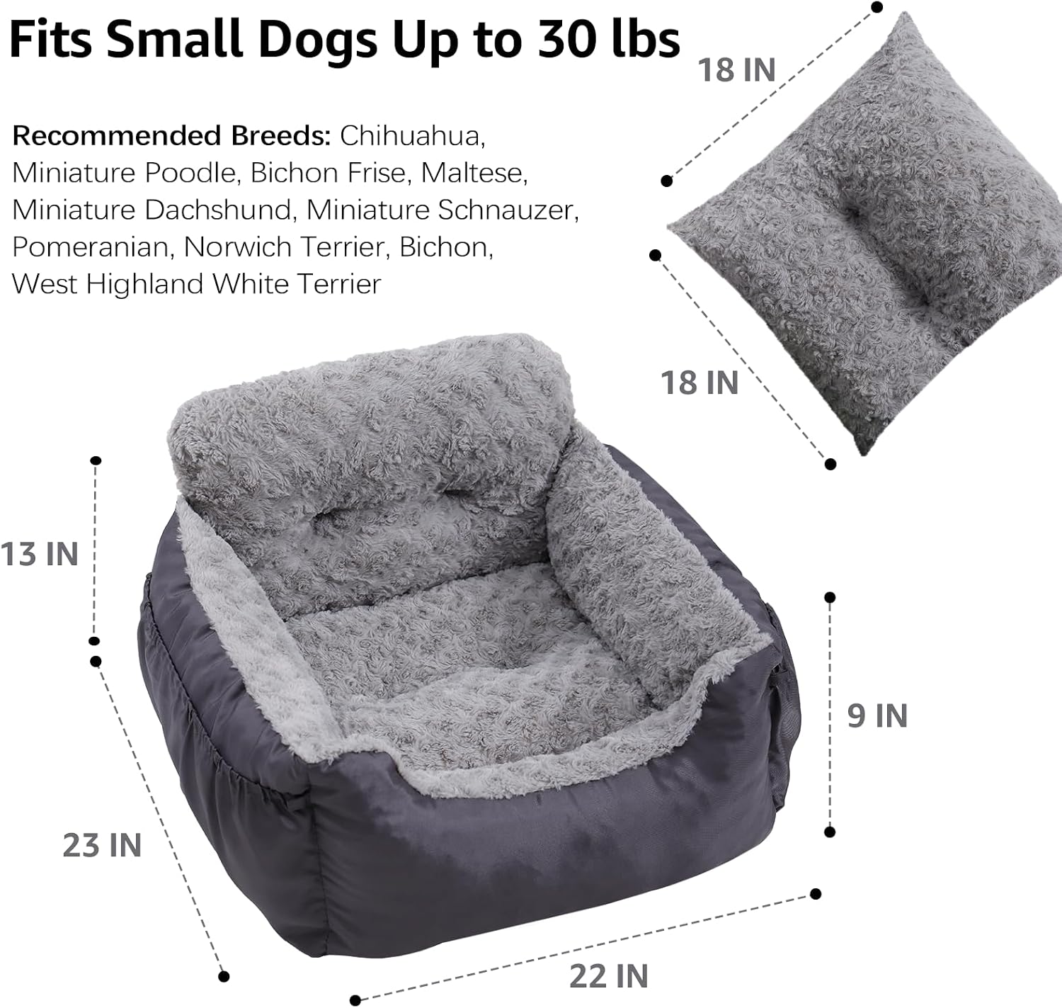 Poupipets Plush Dog Booster Car Seat with Memory Foam and Washable Travel Bed
