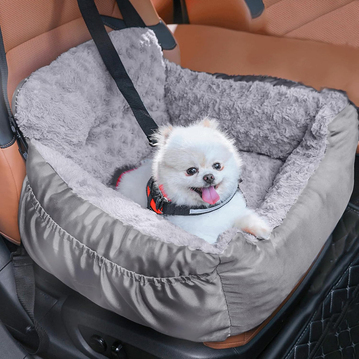 Poupipets Plush Dog Booster Car Seat with Memory Foam and Washable Travel Bed