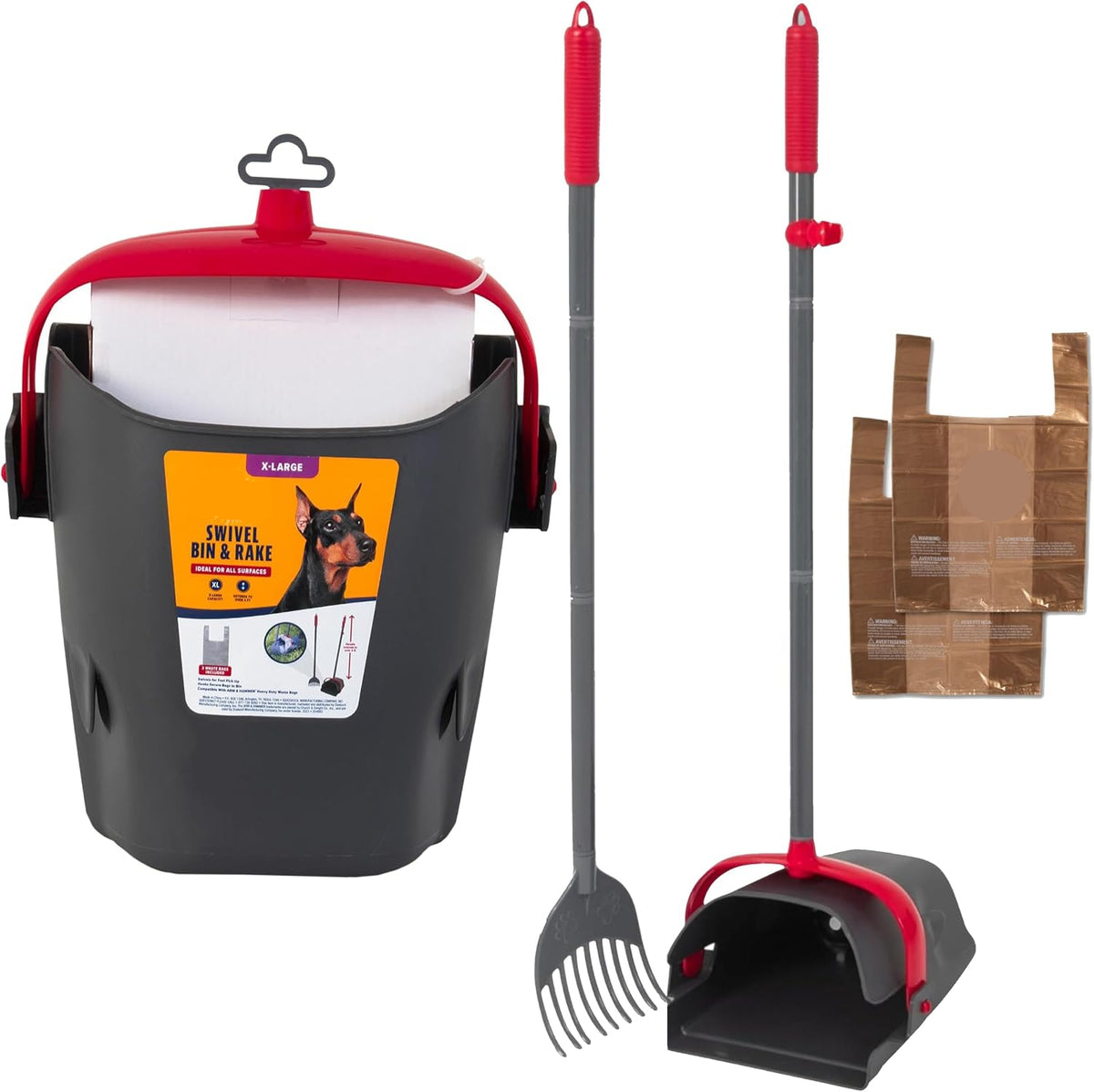 Poupipets Swivel Bin & Rake Dog Pooper Scooper with Long Handle & Waste Bags