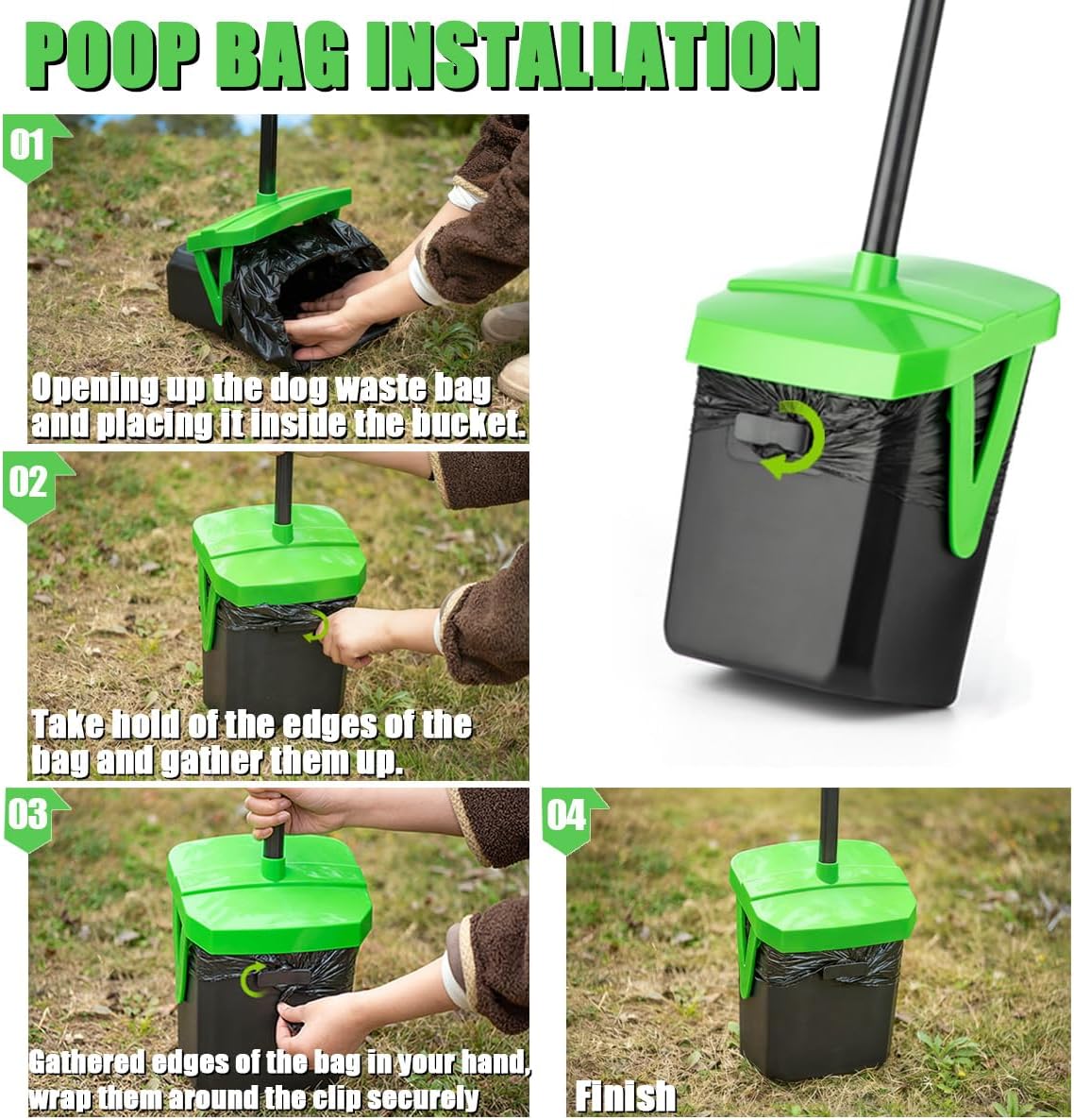 Poupipets Long Handle Dog Waste Scooper with Swivel Bin & 100 Bag Set
