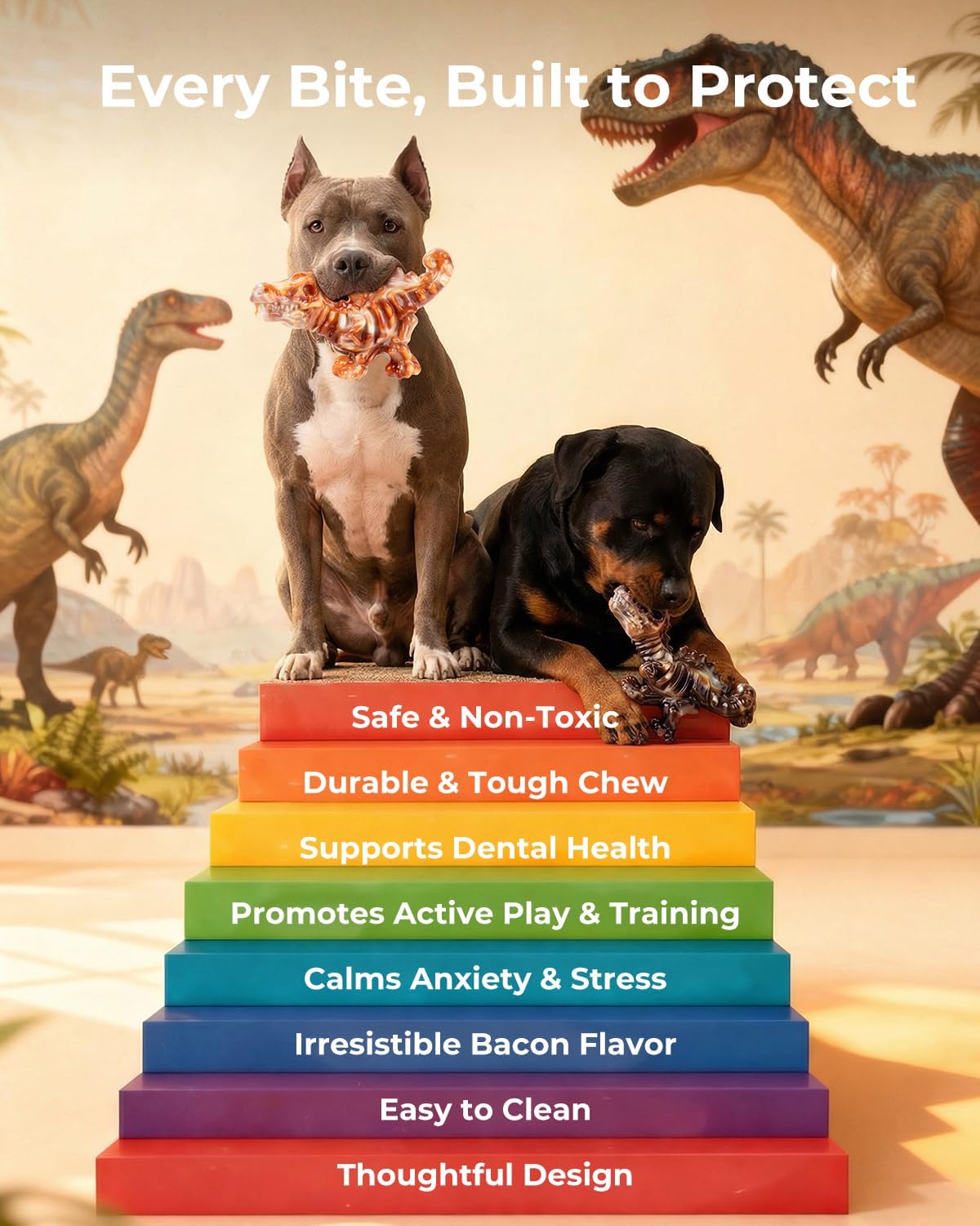 Dailypets Dinosaur Dog Chew Toy Set with Bacon Flavor for Strong Chewers 2 Pack