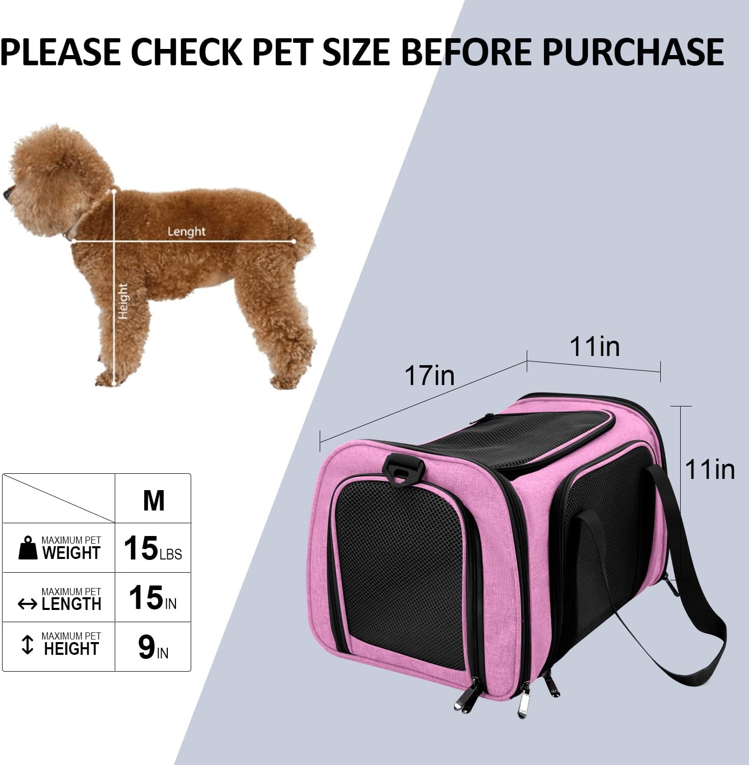 Poupipets Premium Soft Pet Carrier with Mesh Windows and Cozy Travel Mat