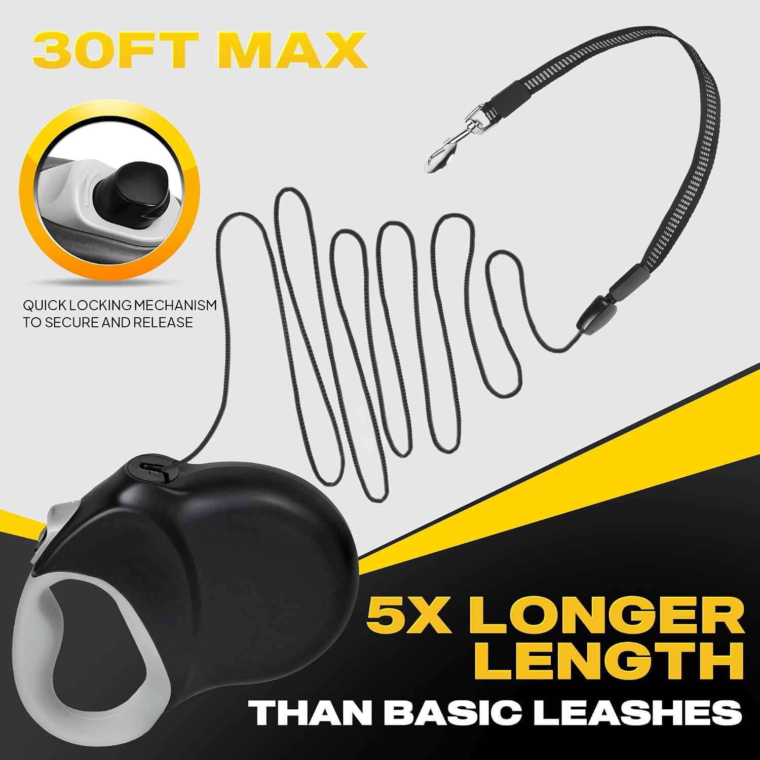 Poupipets 30 ft Dog Walking Cord Lead with Quick Brake and Comfortable Soft Grip
