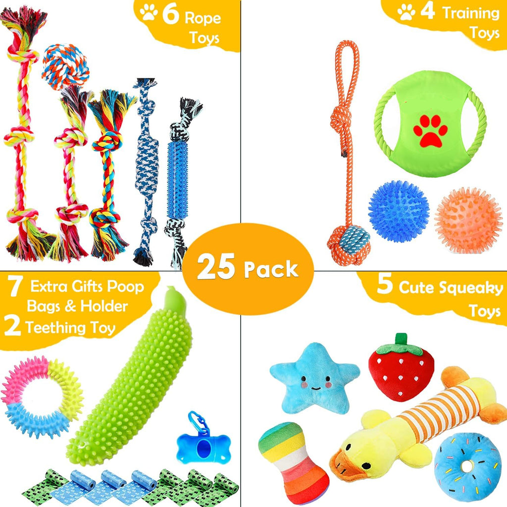 Dailypets Complete Puppy Toy Bundle with Rope Toys Squeaky Plush Toys and Ball Set