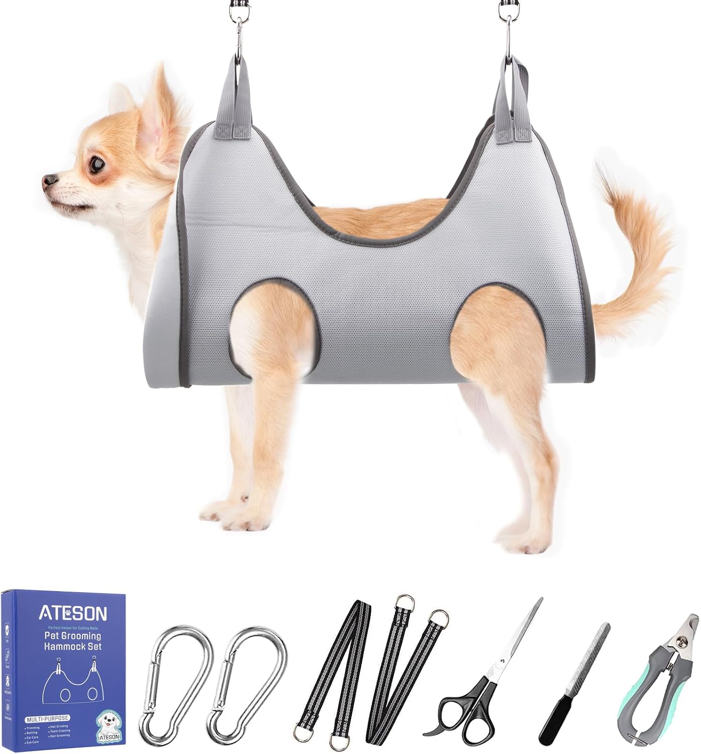 Poupipets Breathable Dog Grooming Hammock Kit with Nail Clippers and Scissors