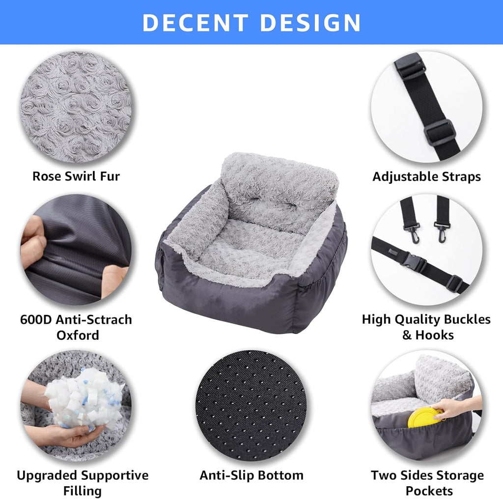 Poupipets Plush Dog Booster Car Seat with Memory Foam and Washable Travel Bed