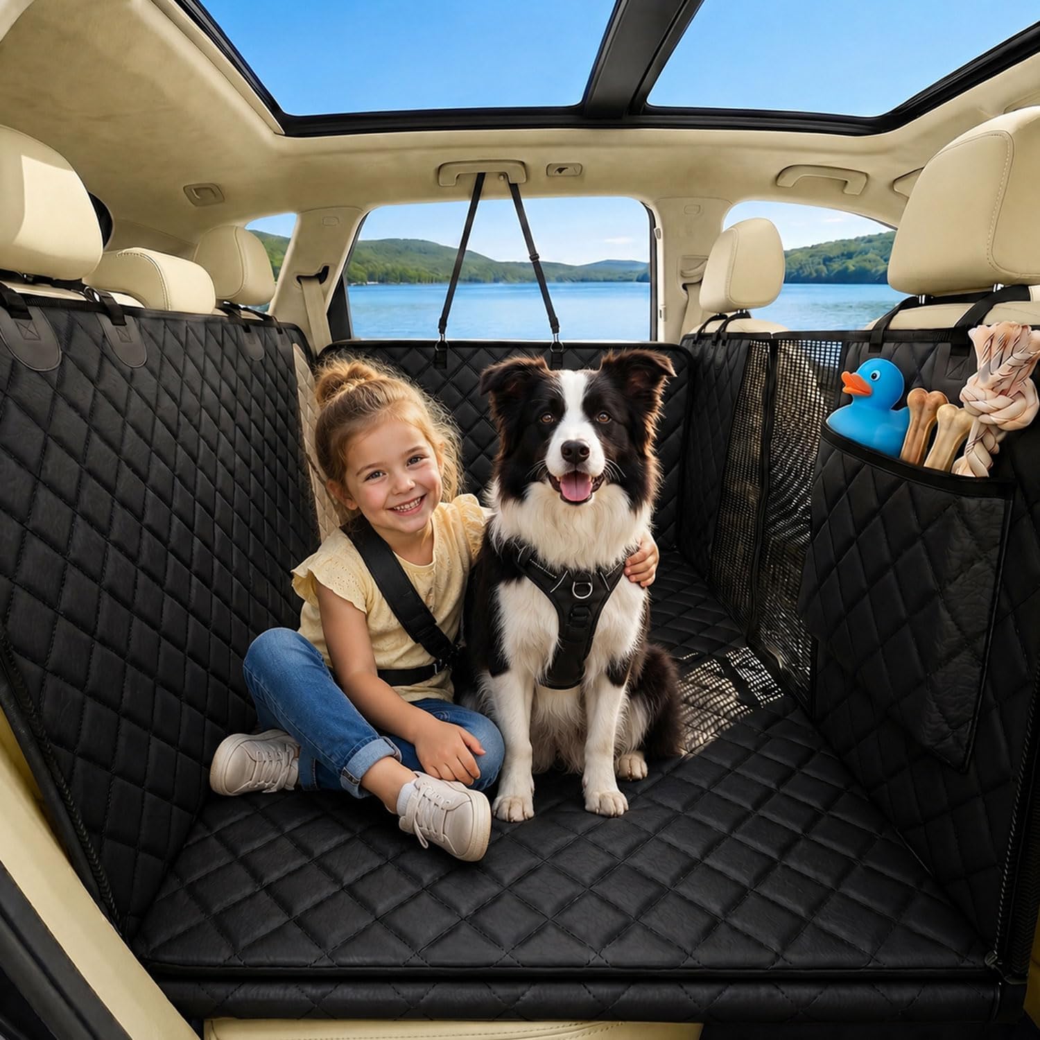 Poupipets Waterproof Dog Car Seat Cover with Mesh Window and Non-Slip Hammock Design