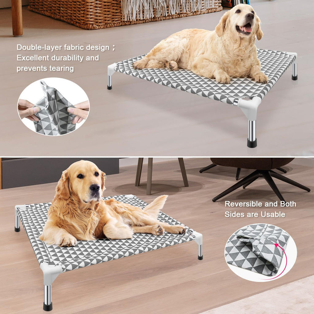 Poupipets Reversible Cotton Elevated Dog Bed with Stainless Steel Support Frame