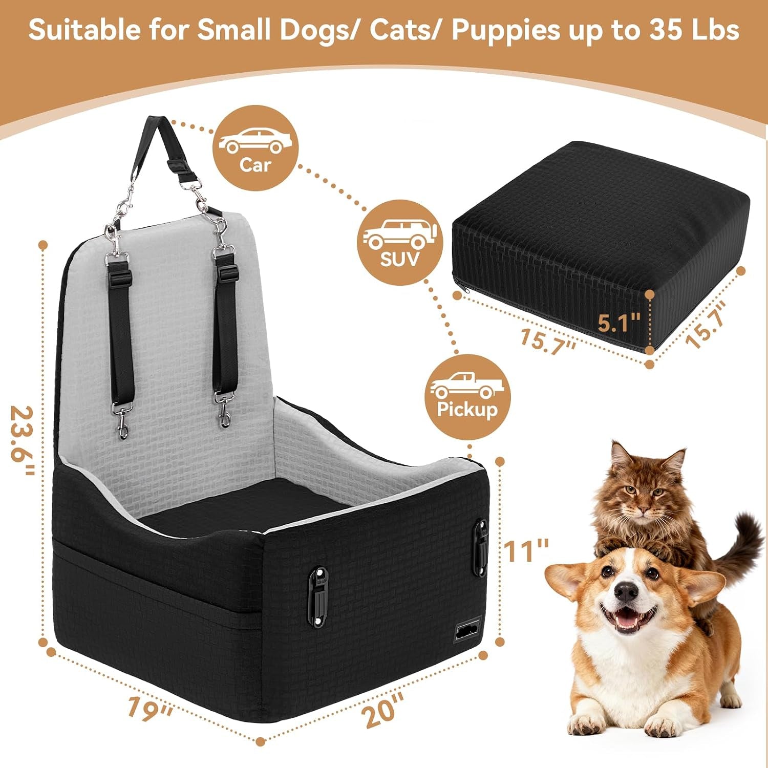 Poupipets Premium Dog Booster Car Seat with Memory Foam Cushion and Safety Tether