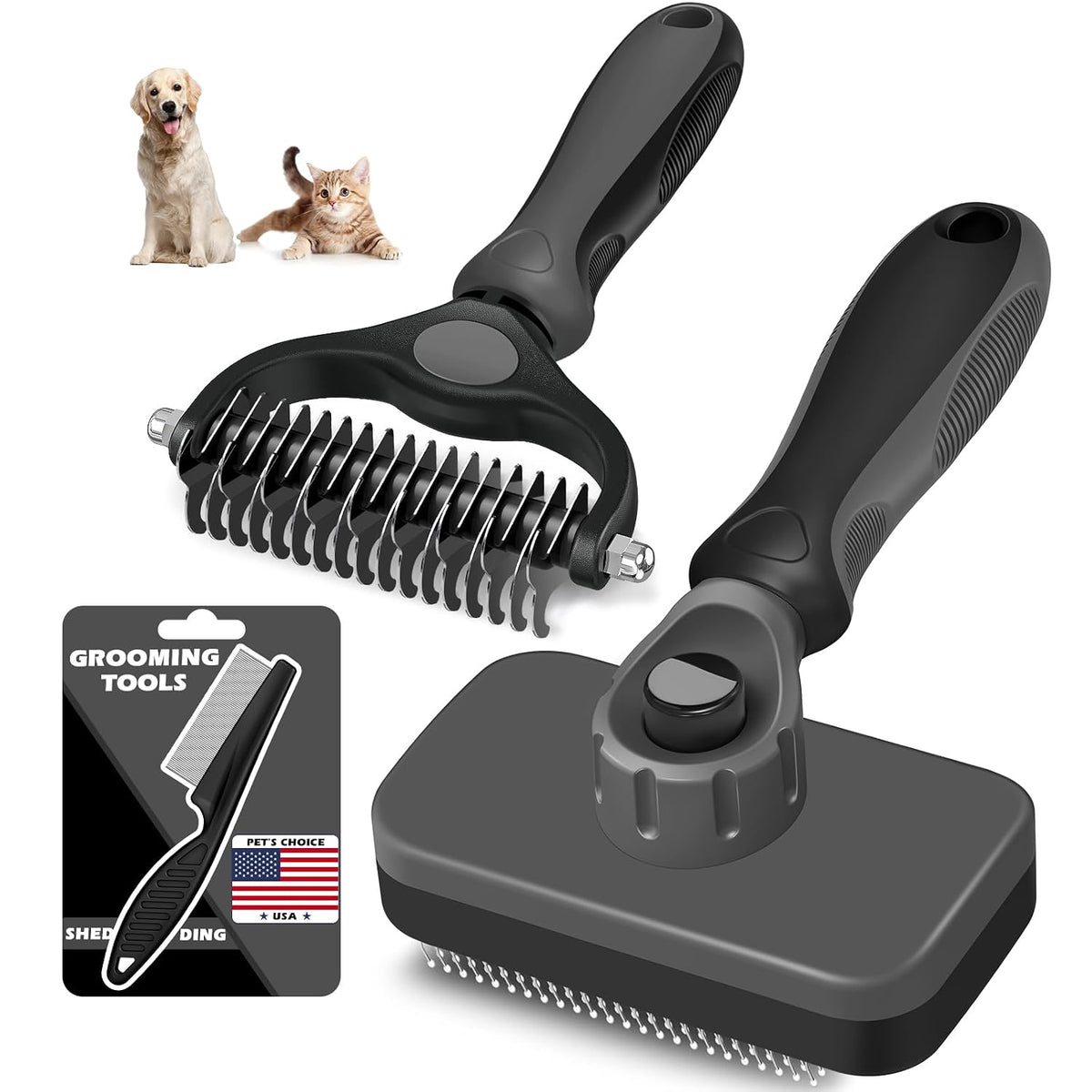 POUPIPETS Pet Grooming Kit – Self-Cleaning Slicker Brush, Deshedding Rake & Flea Comb