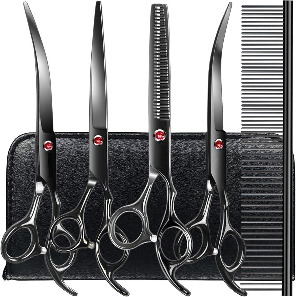Poupipets Professional Dog Grooming Scissors Kit with Stainless Steel Shears and Comb