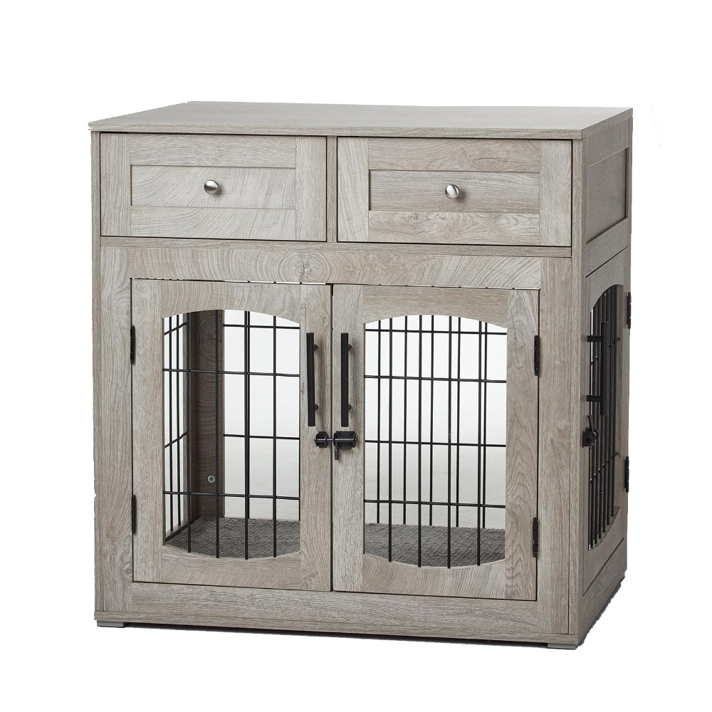 Dailypets Wooden Dog Crate End Table with 3 Doors, Storage Drawers & Cushion