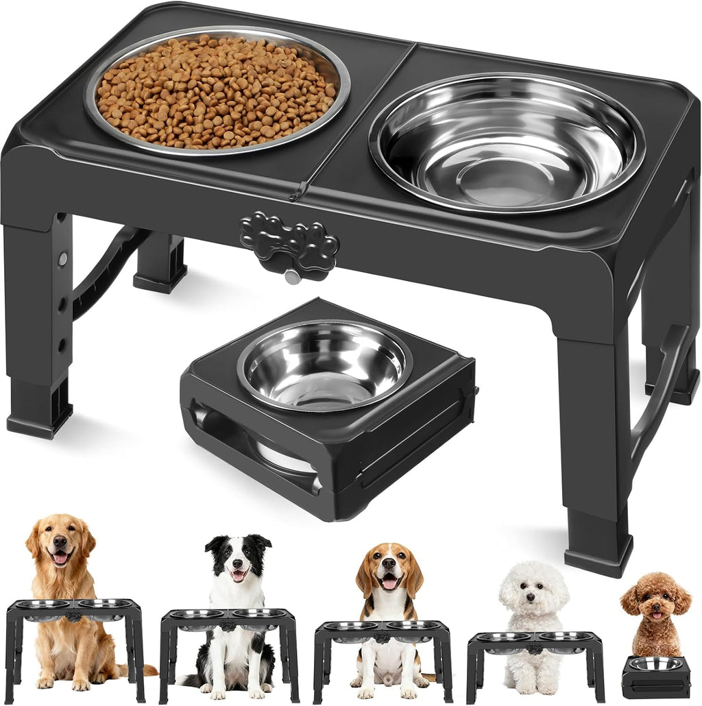 Poupipets Adjustable Elevated Dog Bowl Stand with Dual Stainless Steel Bowls for Small to Large Dogs