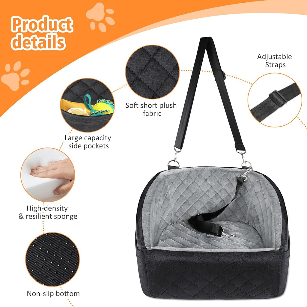 Poupipets Quilted Dog Booster Car Seat with Washable Cover and Safety Tether