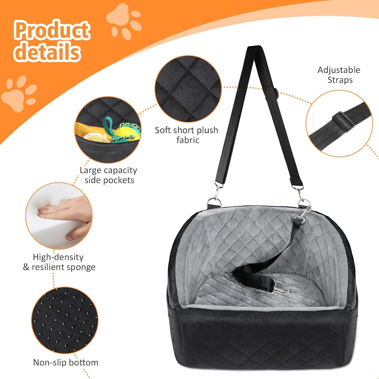 Poupipets Quilted Dog Booster Car Seat with Washable Cover and Safety Tether