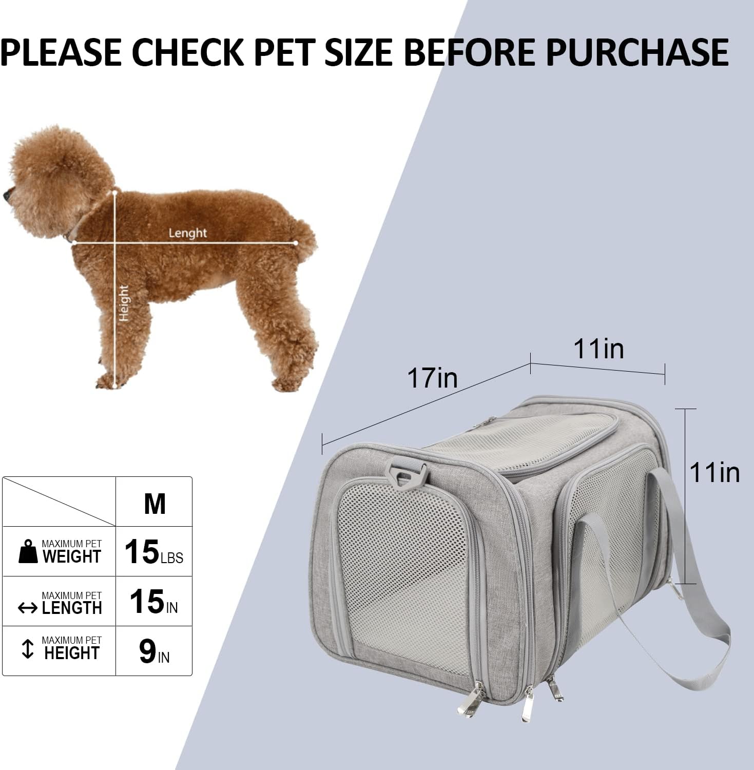 Poupipets Breathable Pet Carry Bag with Removable Mat and Secure Zipper Design