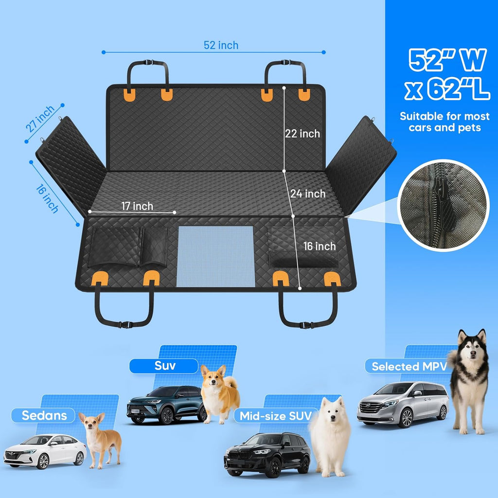 Poupipets Full Back Seat Dog Hammock with Waterproof Hard Bottom and Side Panels