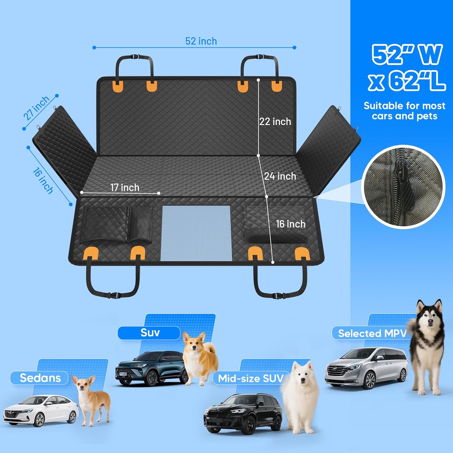 Poupipets Full Back Seat Dog Hammock with Waterproof Hard Bottom and Side Panels